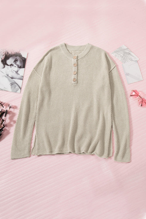 Henley Button Placket Side Slit Drop Shoulder Pullover Knit Sweater